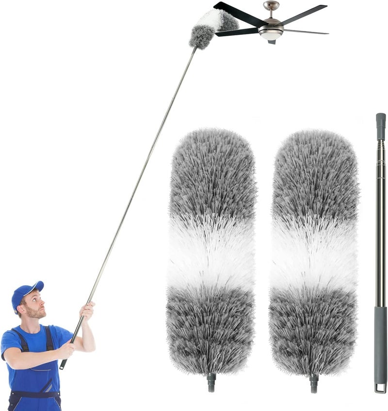 AURUZA Microfiber Feather Dusters for Cleaning, Extendable Duster with 110" Extension Pole & 2pcs Replaceable Bendable Head, Cleaner Supplies Duster Tool for Ceiling Fan Furniture Cars Home Kitchen Gadgets - Image 1